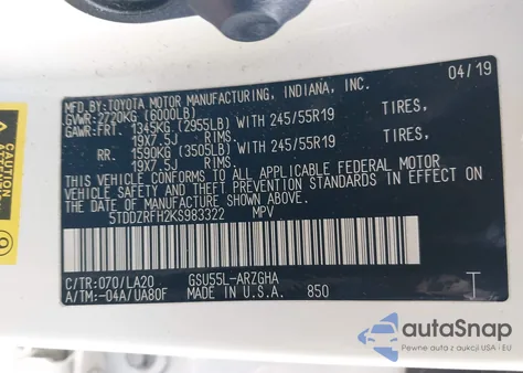 2019 Toyota Highlander Limited из США, поврежденный, VIN 5TDDZRFH2KS983322